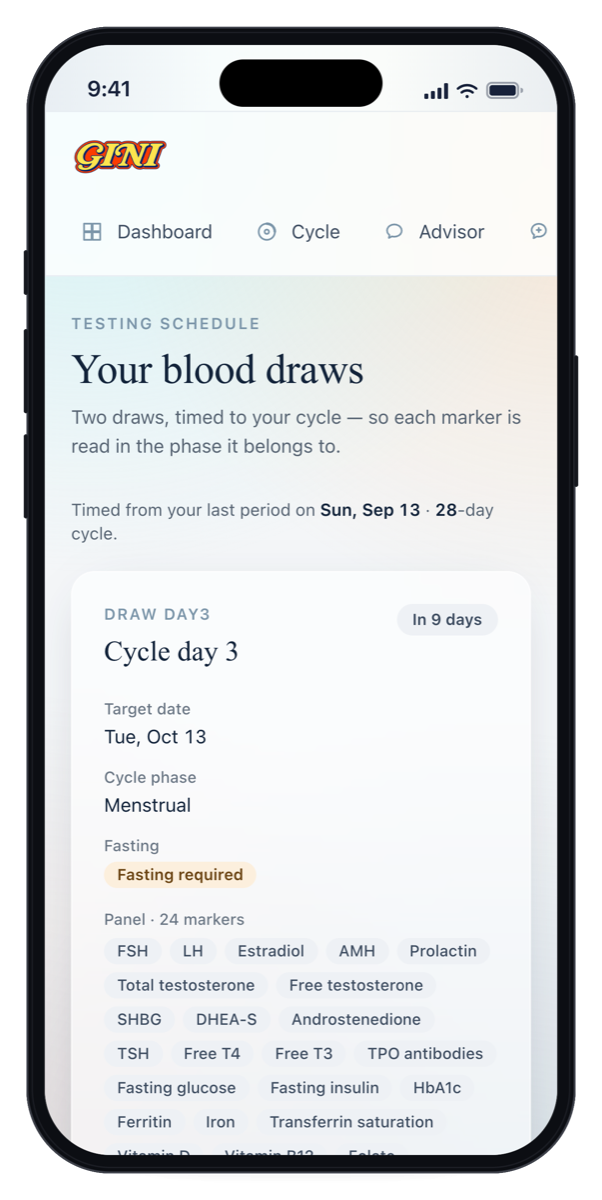 Gini app showing the testing schedule and preparation instructions
